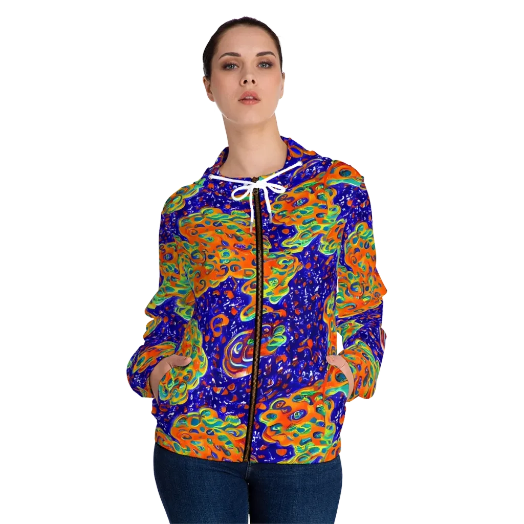 Blue Flame Bloom on Women's Full-Zip Hoodie — Front On Person