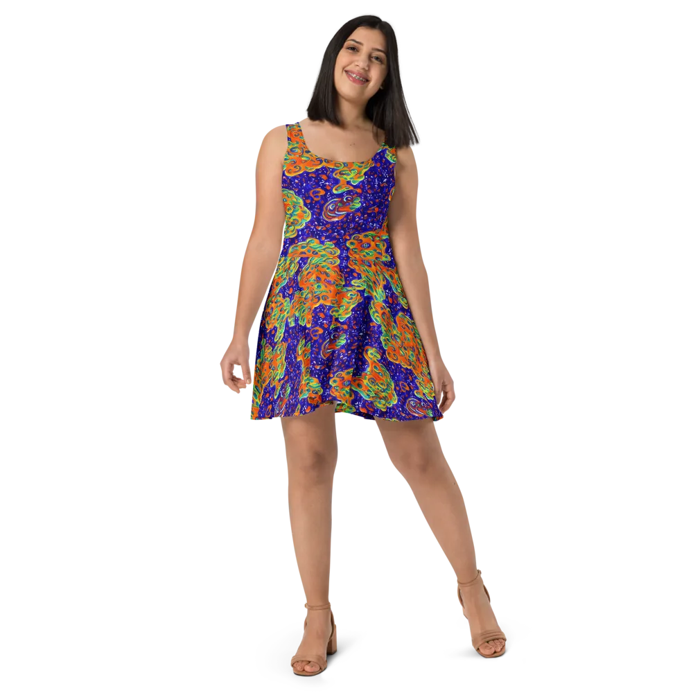 Blue Flame Bloom on Skater Dress — Front