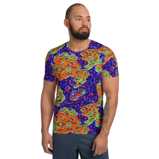 Blue Flame Bloom on a Men's Athletic T-Shirt