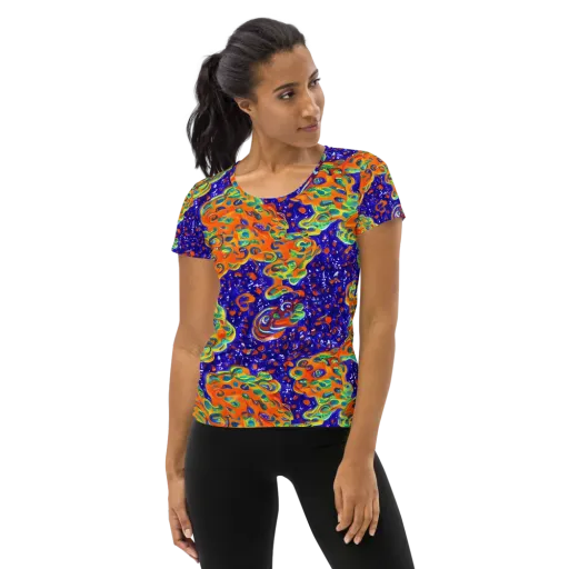 Blue Flame Bloom on a Women's Athletic T-Shirt