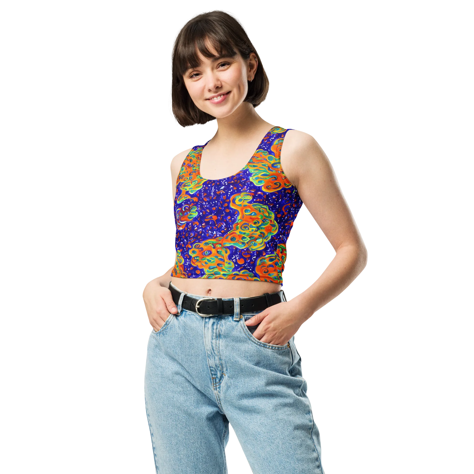 Blue Flame Bloom on Crop Top — Front