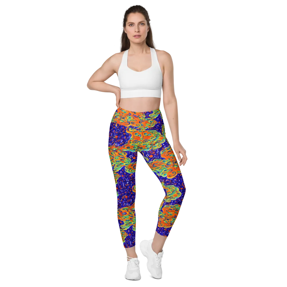 Blue Flame Bloom on Leggings with Pockets — Front