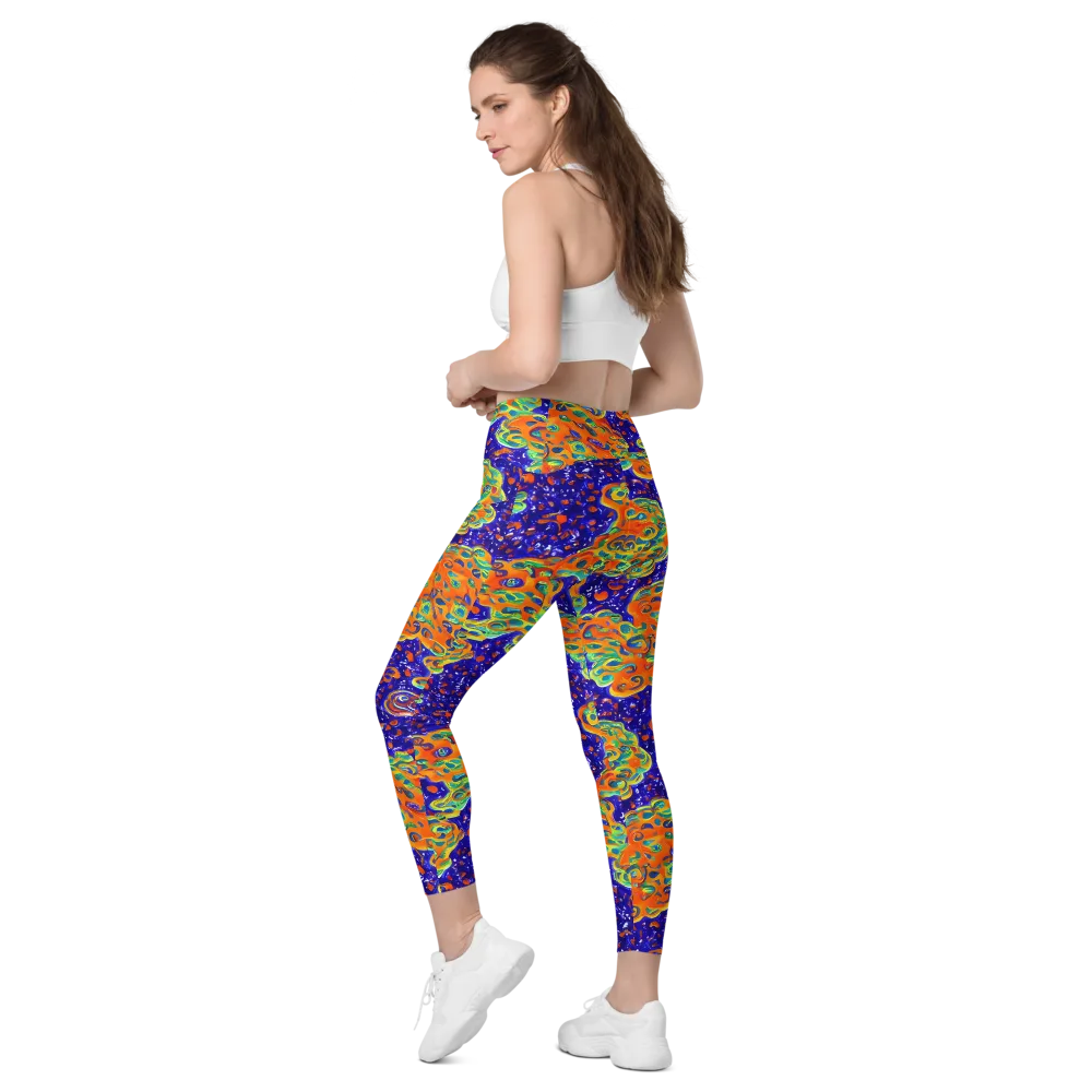 Blue Flame Bloom on Leggings with Pockets — Left Back