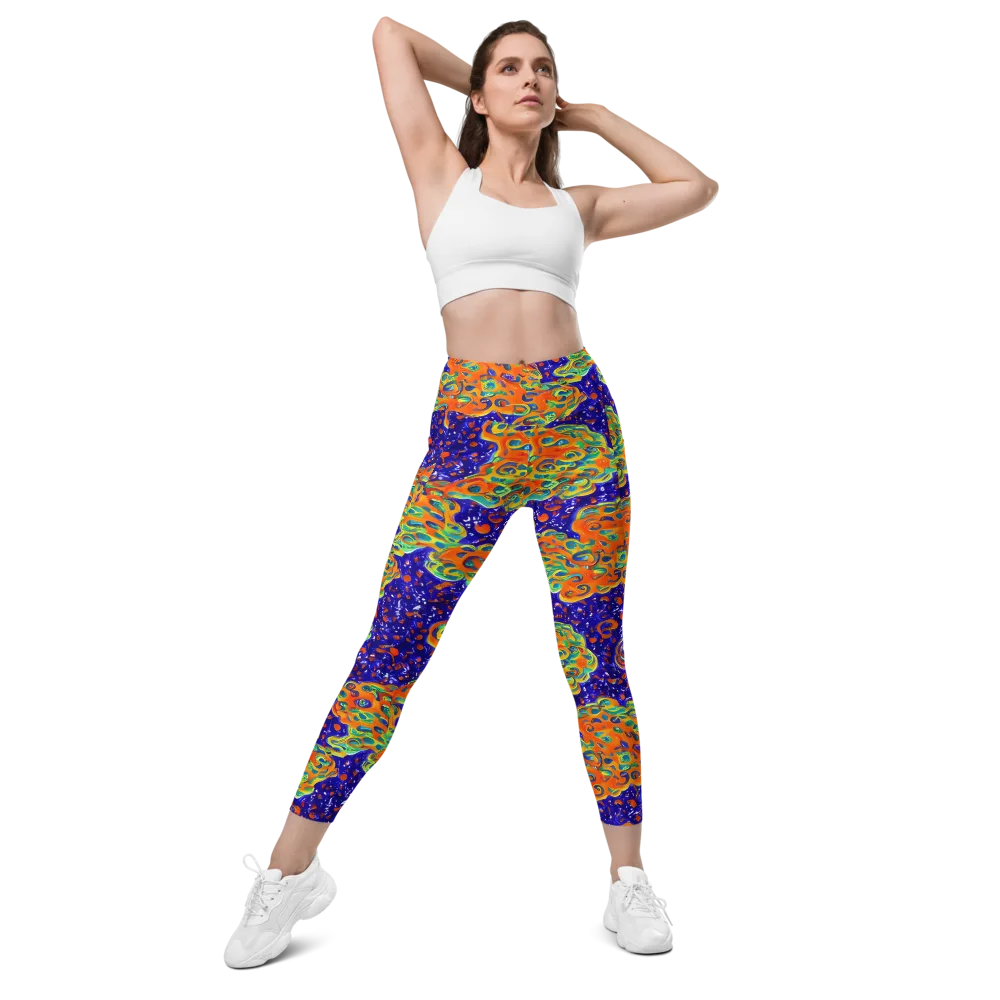 Blue Flame Bloom on Leggings with Pockets — Front