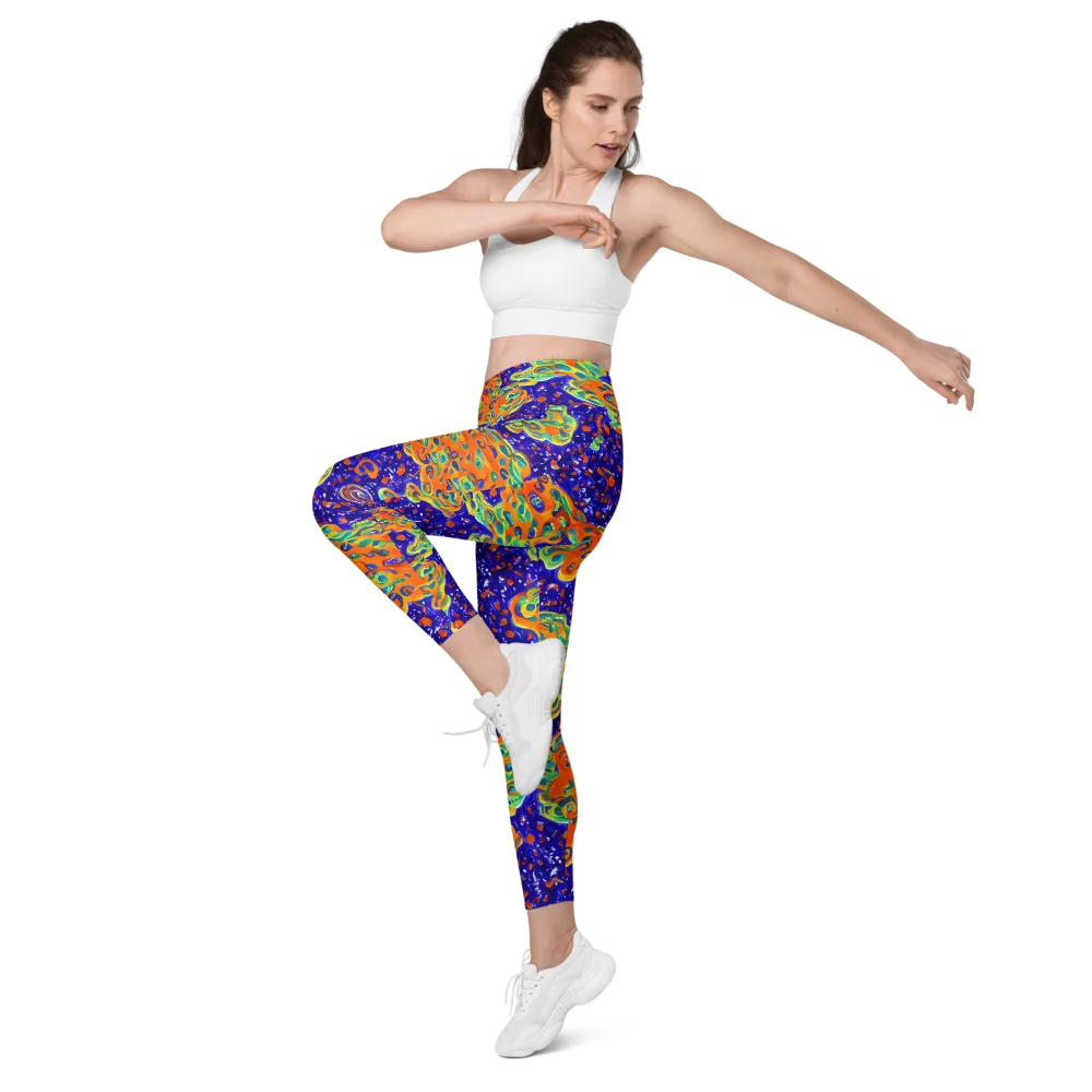 Blue Flame Bloom on Leggings with Pockets — Left Front
