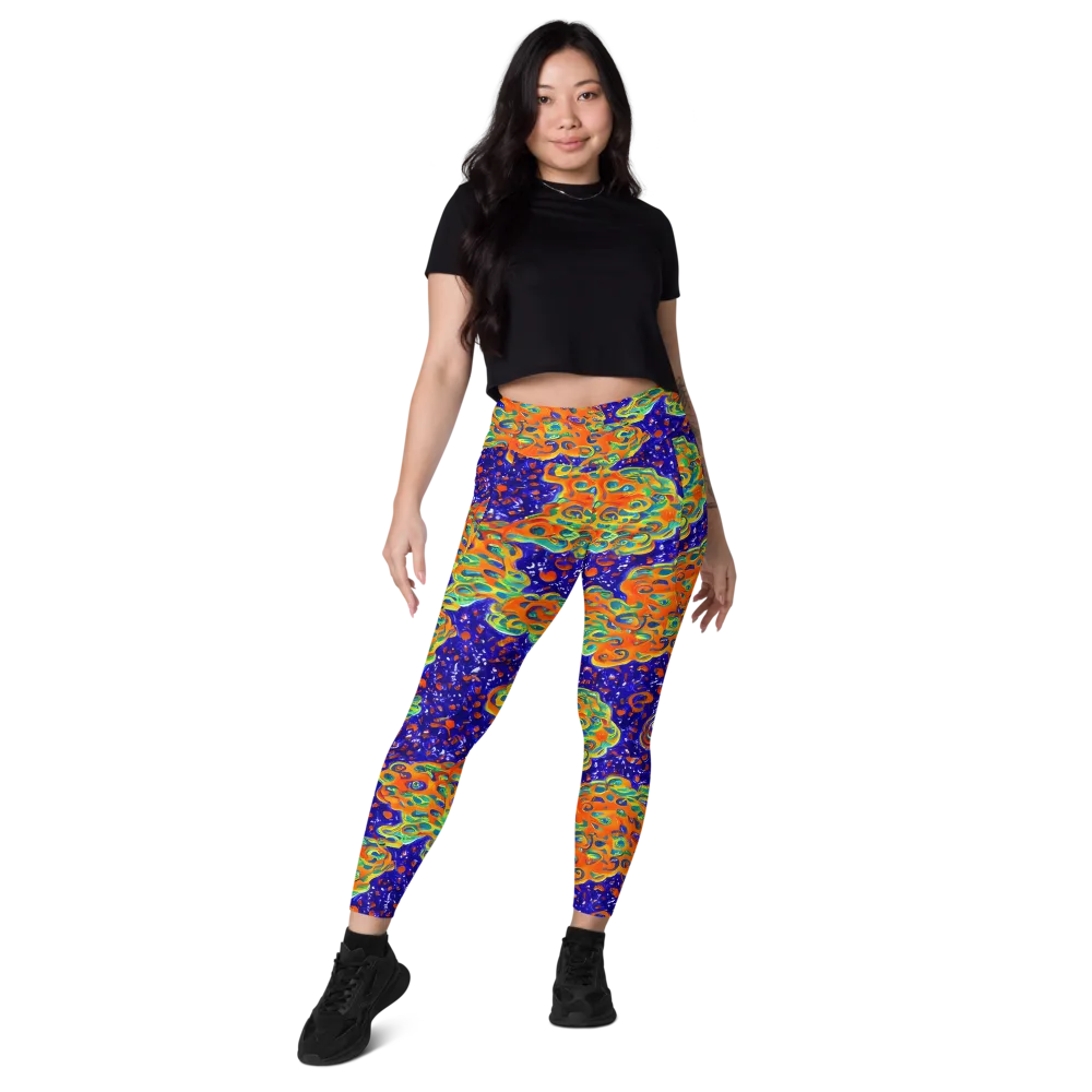 Blue Flame Bloom on Leggings with Pockets — Front