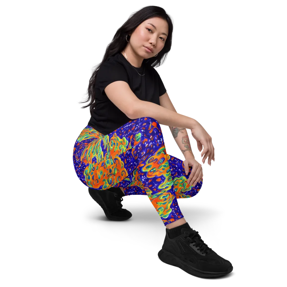 Blue Flame Bloom on Leggings with Pockets — Right Front