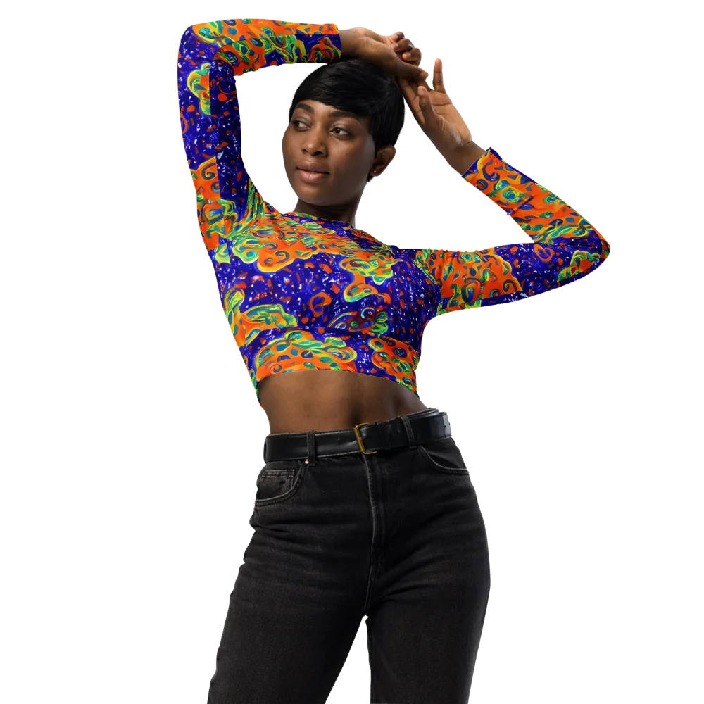 Blue Flame Bloom on Long Sleeve Crop Top — Front