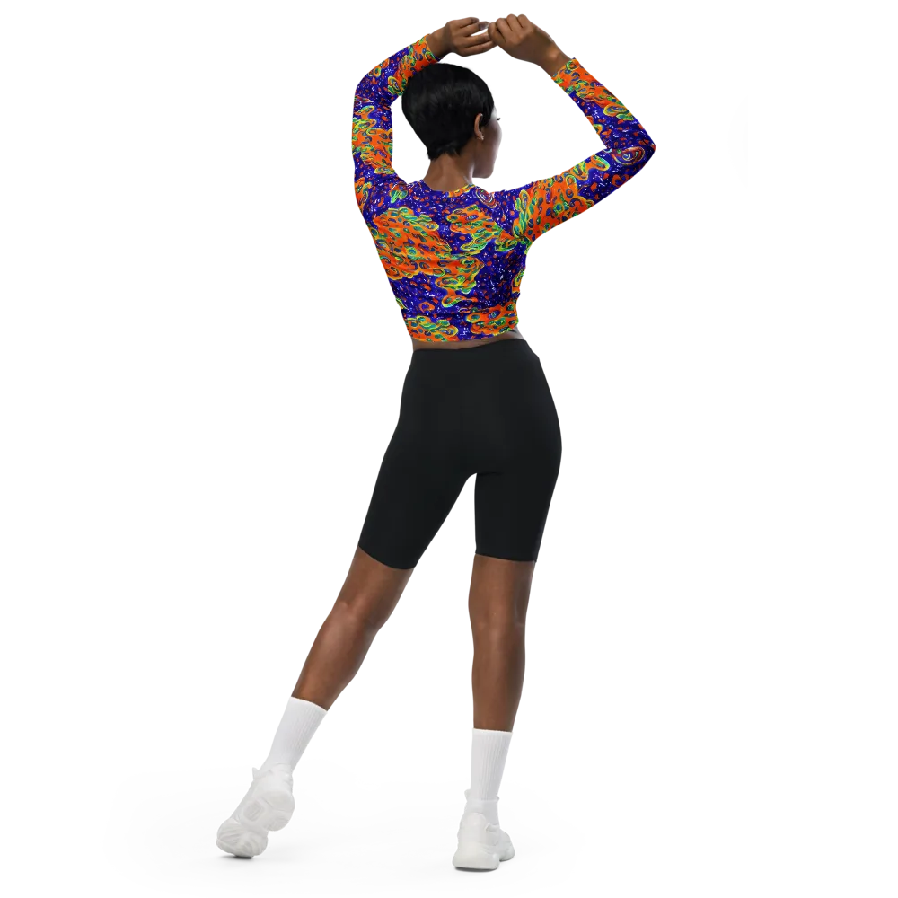 Blue Flame Bloom on Long Sleeve Crop Top — Back