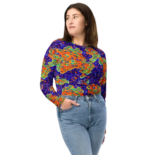 Blue Flame Bloom on a Long Sleeve Crop Top