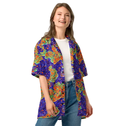Blue Flame Bloom on a Button Shirt