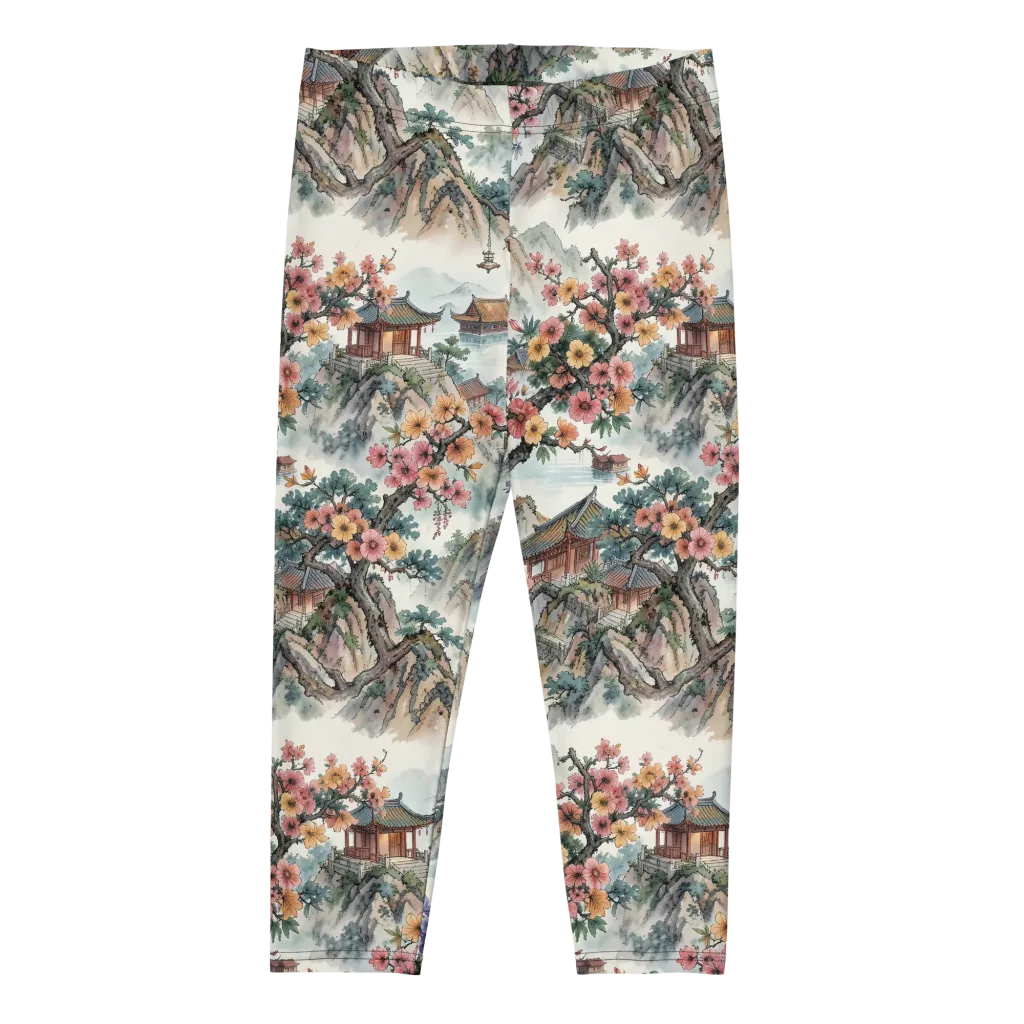 Jade Mountain Blossom on Capri Leggings — Front
