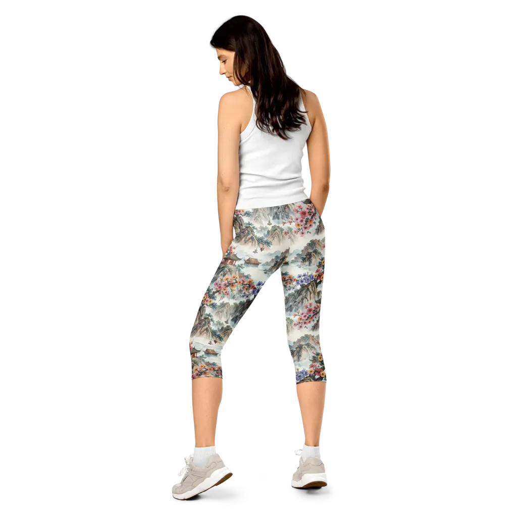 Jade Mountain Blossom on Capri Leggings — Back