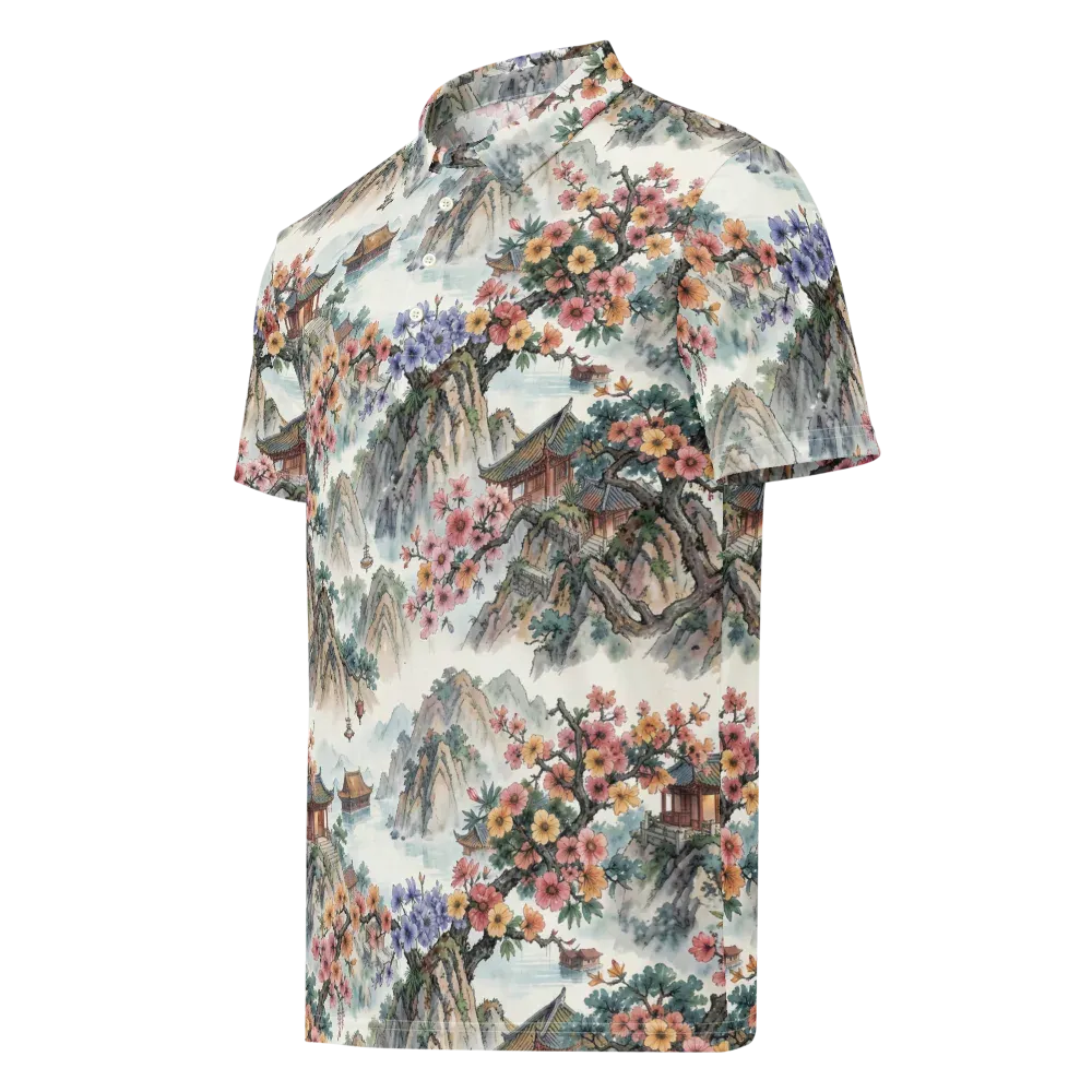 Jade Mountain Blossom on Men's Slim Fit Polo Shirt — Left Front