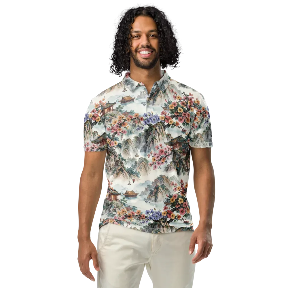 Jade Mountain Blossom on Men's Slim Fit Polo Shirt — Front