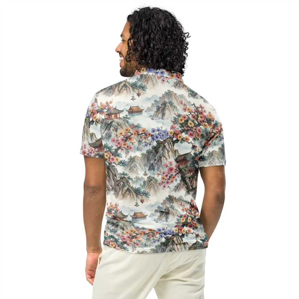 Jade Mountain Blossom on Men's Slim Fit Polo Shirt — Back