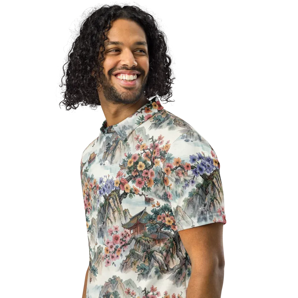 Jade Mountain Blossom on Men's Slim Fit Polo Shirt — Left Front