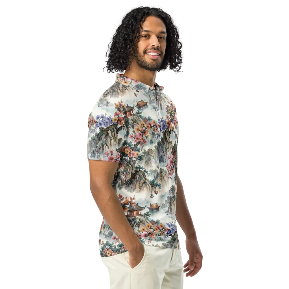 Jade Mountain Blossom on Men's Slim Fit Polo Shirt — Right Front