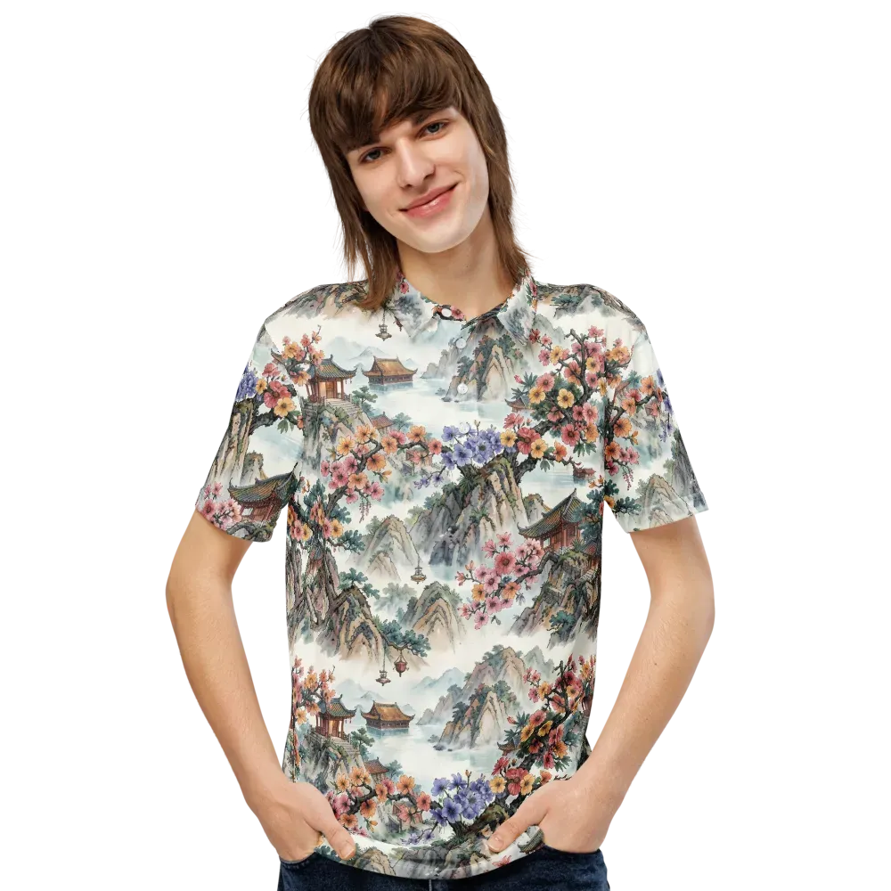 Jade Mountain Blossom on Men's Slim Fit Polo Shirt — Front