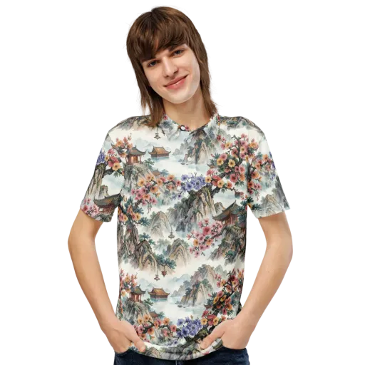 Jade Mountain Blossom on a Men's Slim Fit Polo Shirt