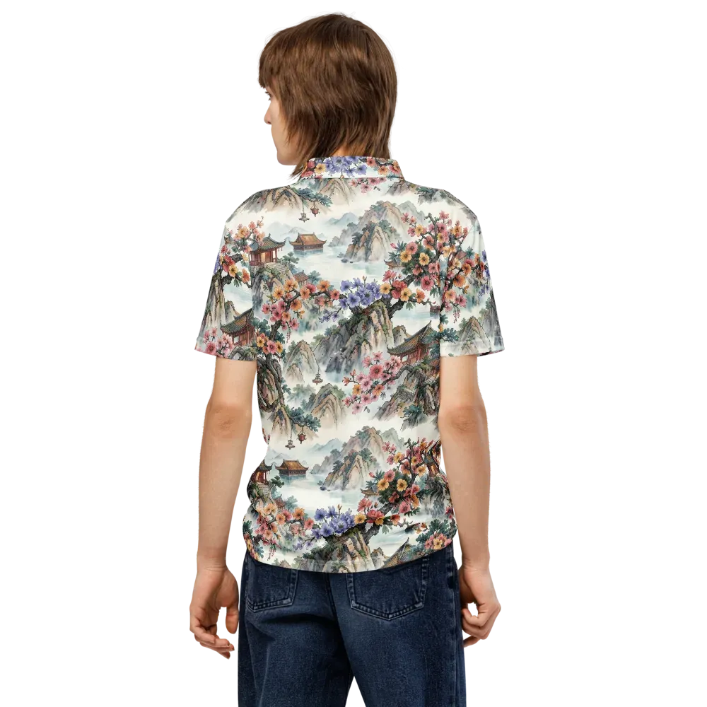 Jade Mountain Blossom on Men's Slim Fit Polo Shirt — Back