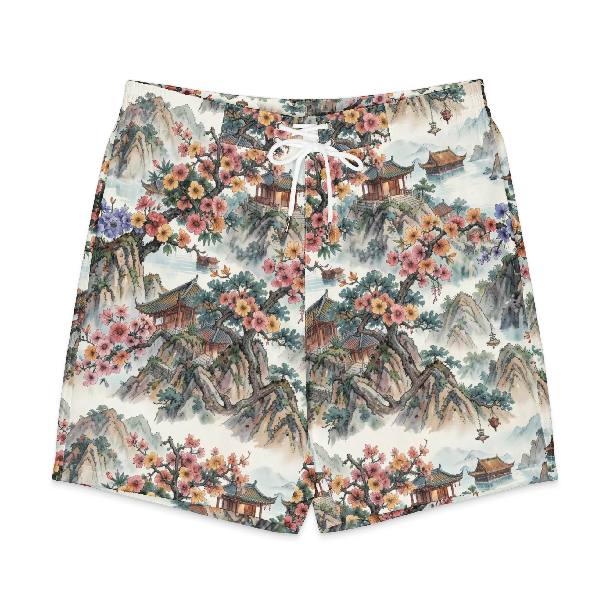 Jade Mountain Blossom on Men's Board Shorts — Front