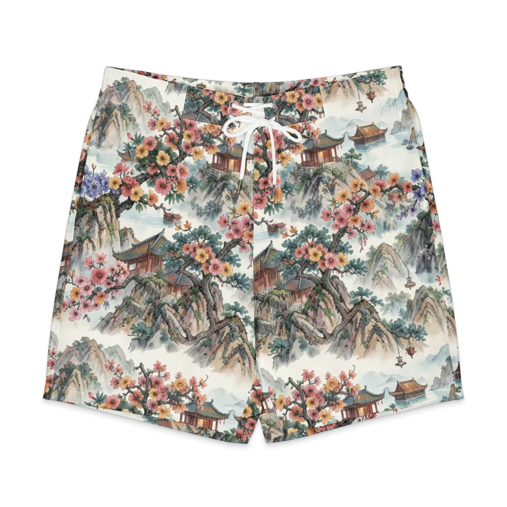 Jade Mountain Blossom on Men's Board Shorts — Front