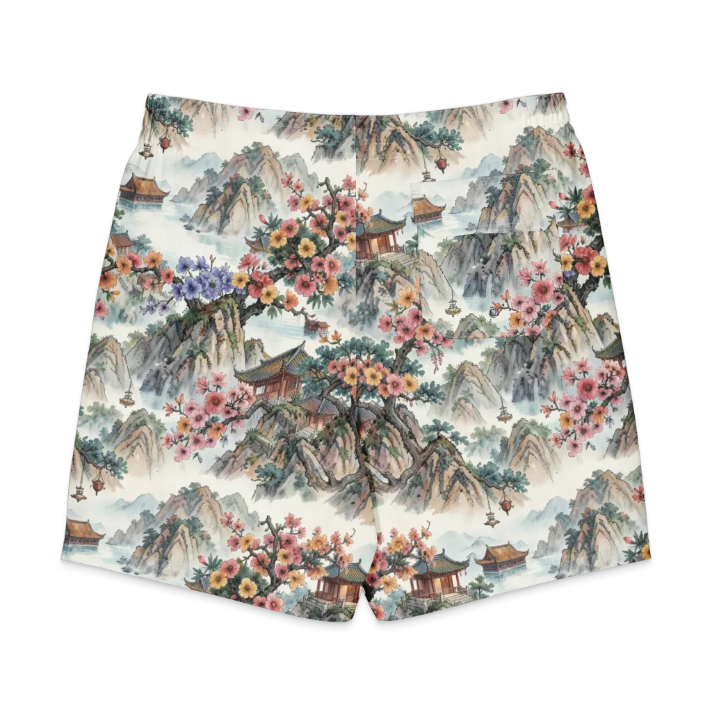 Jade Mountain Blossom on Men's Board Shorts — Back