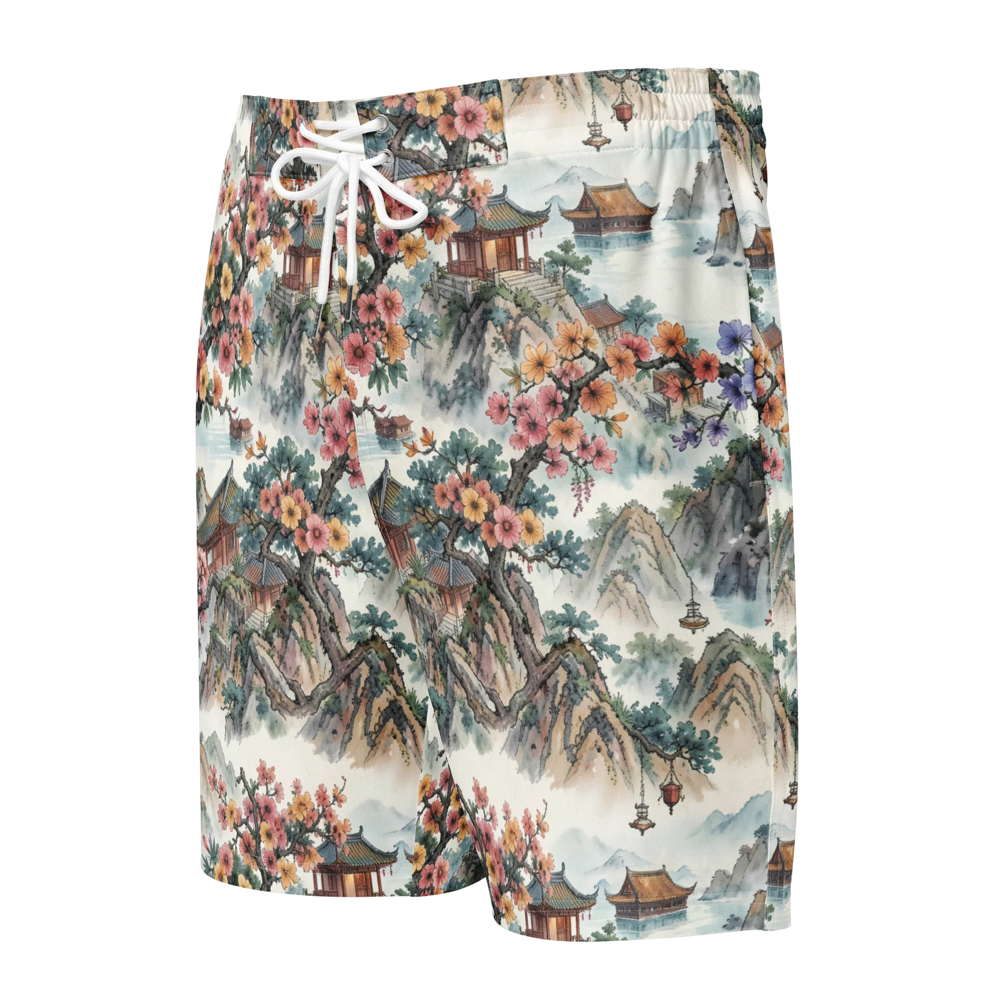 Jade Mountain Blossom on Men's Board Shorts — Front