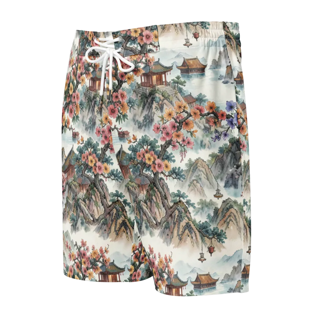 Jade Mountain Blossom on Men's Board Shorts — Front