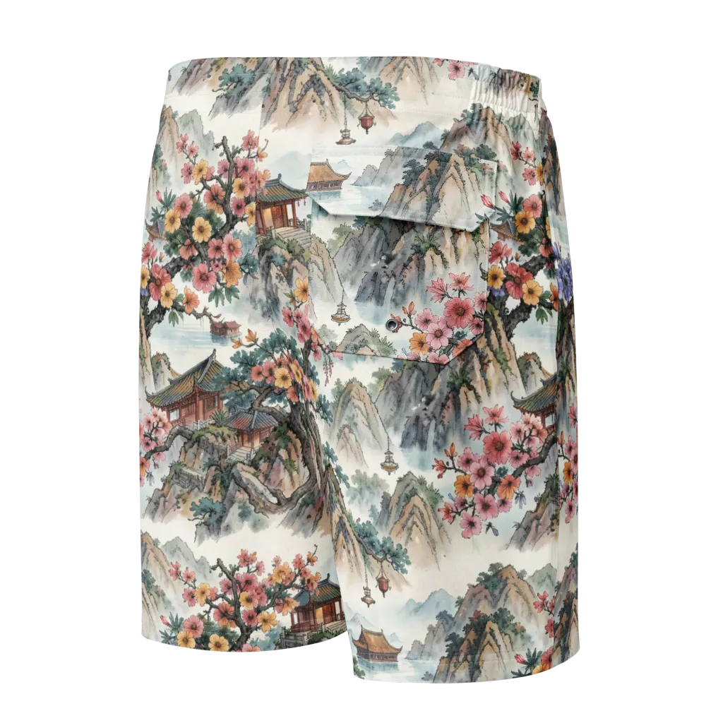 Jade Mountain Blossom on Men's Board Shorts — Back
