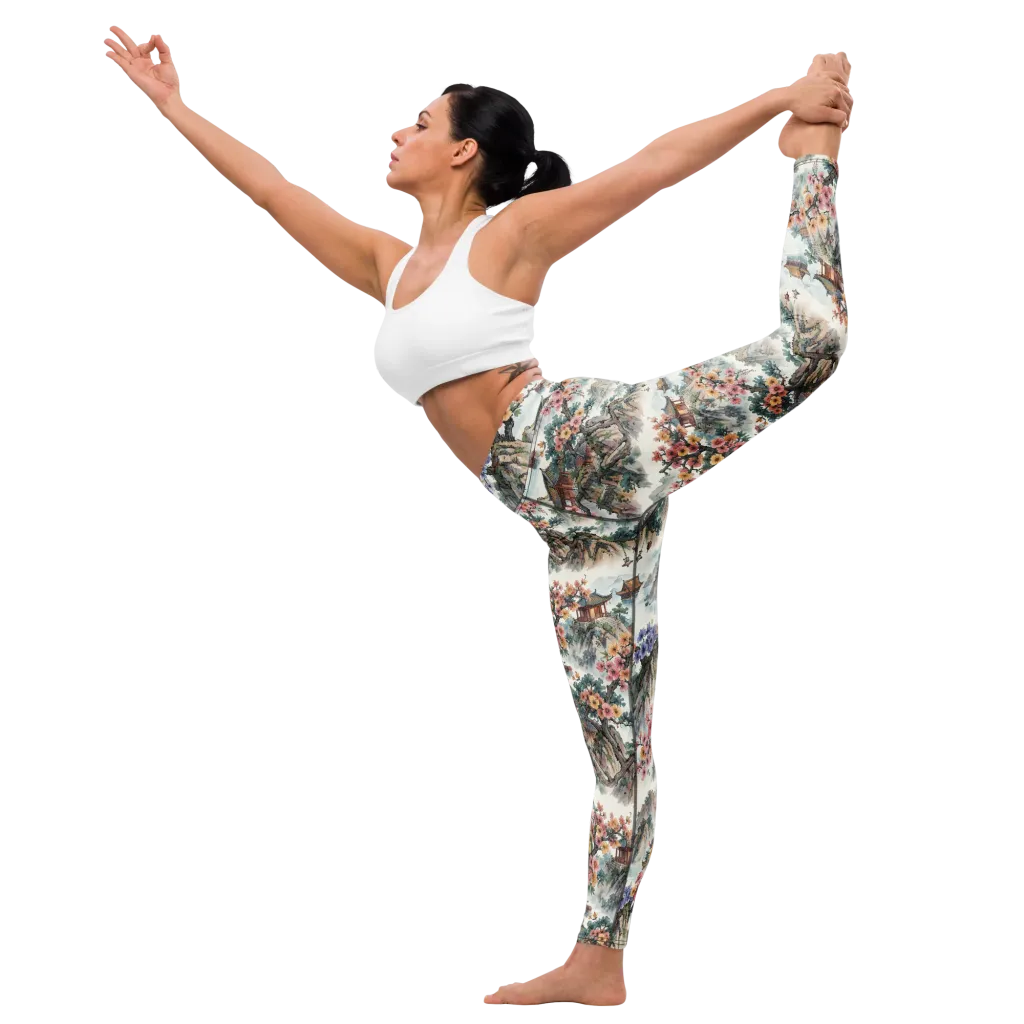 Jade Mountain Blossom on Yoga Leggings — Left