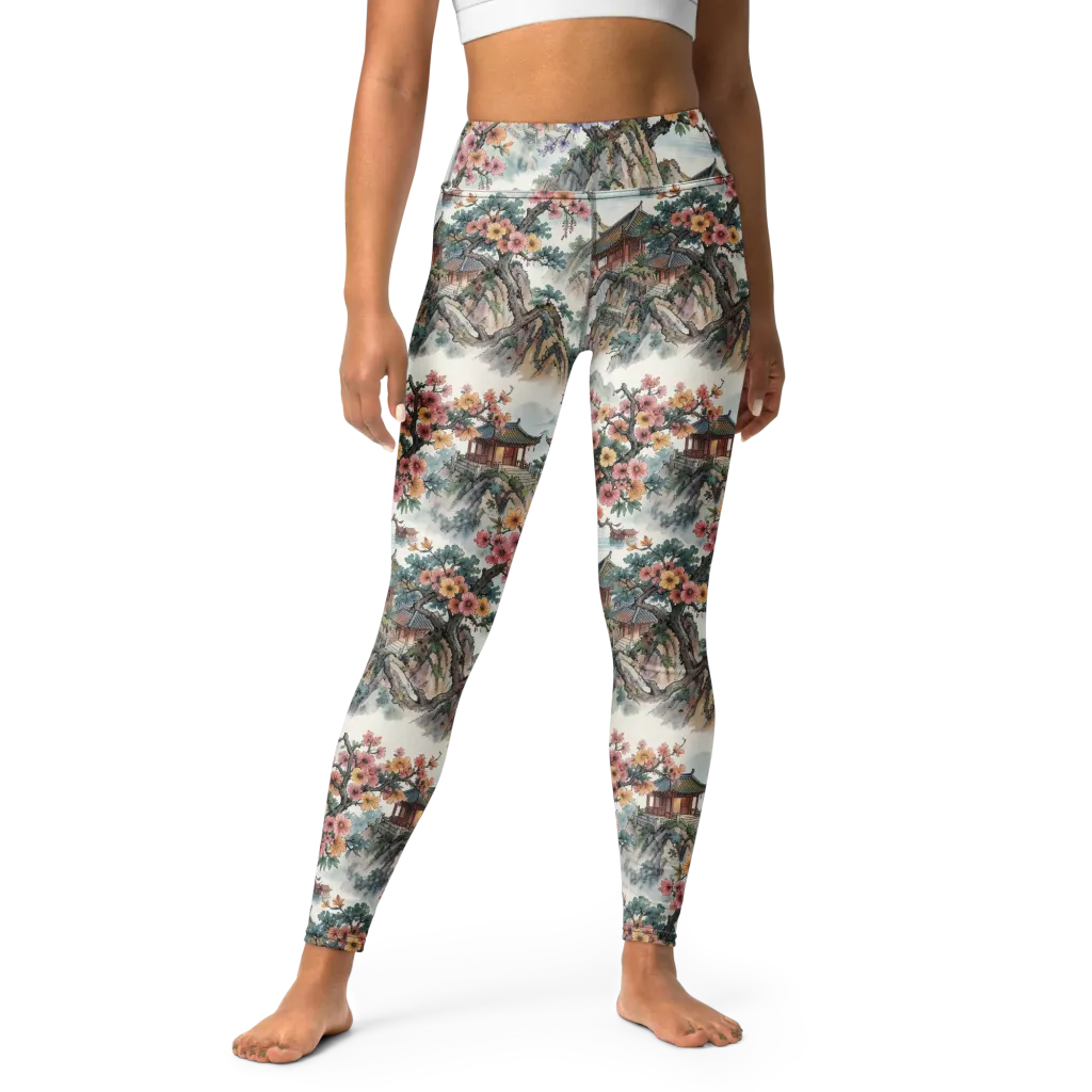 Jade Mountain Blossom on Yoga Leggings — Front