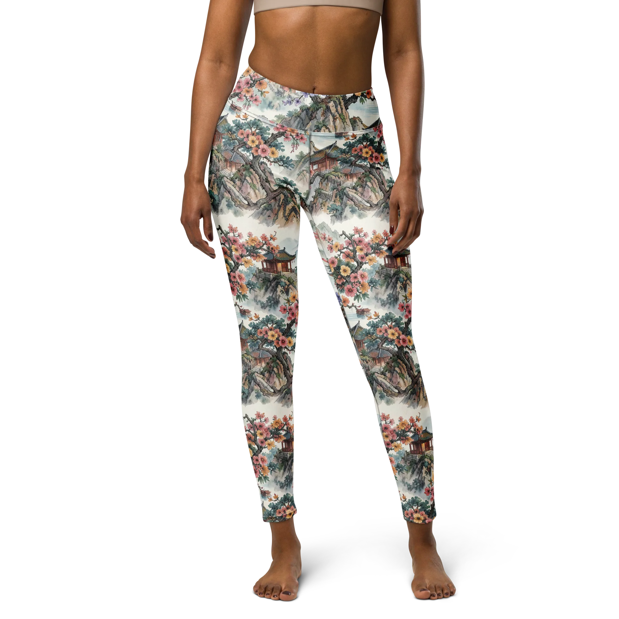 Jade Mountain Blossom on Yoga Leggings — Front