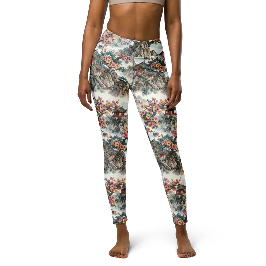 Jade Mountain Blossom on Yoga Leggings — Front