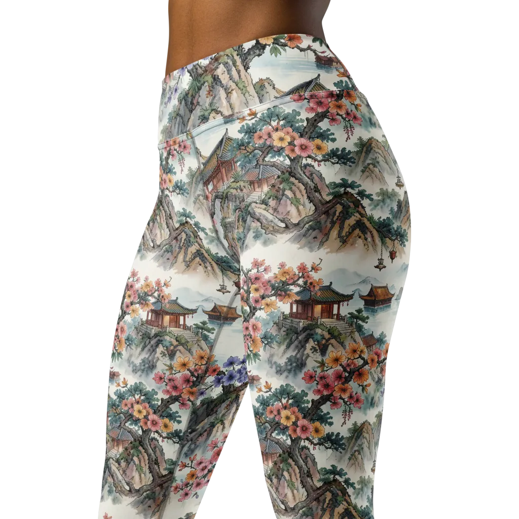 Jade Mountain Blossom on Yoga Leggings — Left Front