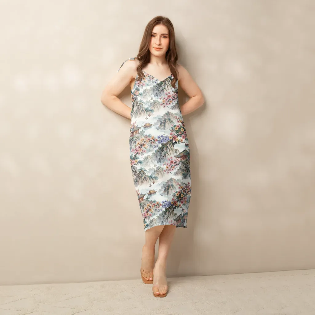 Jade Mountain Blossom on Slip Dress — Front