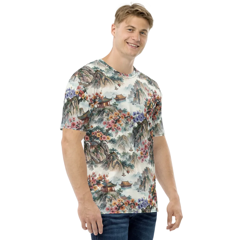 Jade Mountain Blossom on Men's Crew Neck T-Shirt — Right