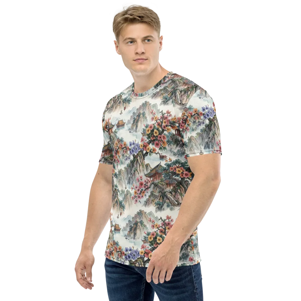 Jade Mountain Blossom on Men's Crew Neck T-Shirt — Left