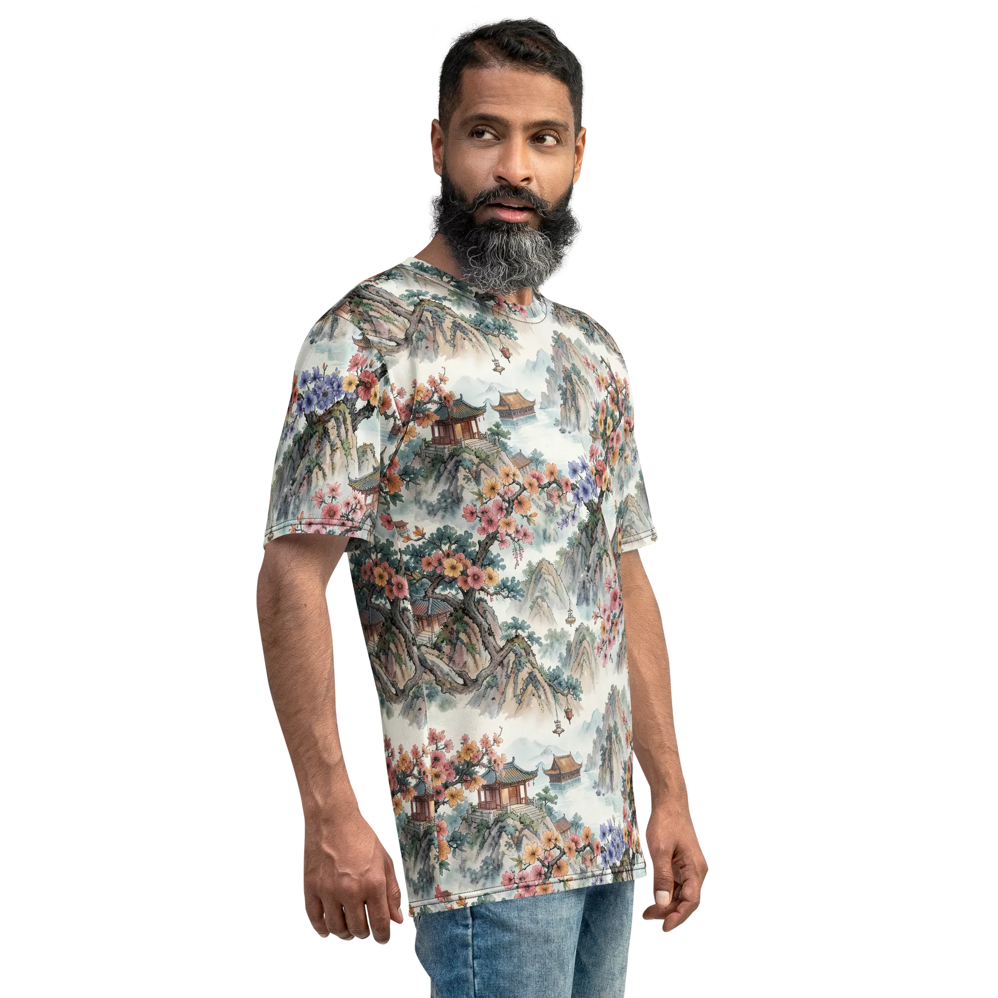 Jade Mountain Blossom on Men's Crew Neck T-Shirt — Right