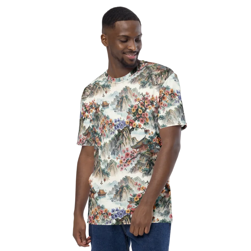 Jade Mountain Blossom on Men's Crew Neck T-Shirt — Left