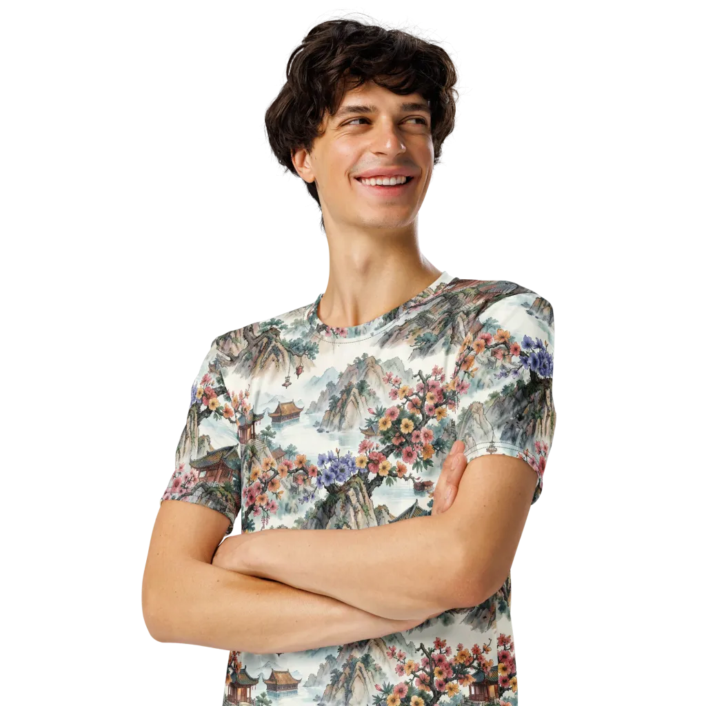 Jade Mountain Blossom on Men's Crew Neck T-Shirt — Left Front