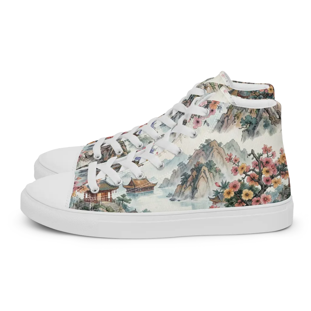 Jade Mountain Blossom on Men's High Top Canvas Shoes — Left