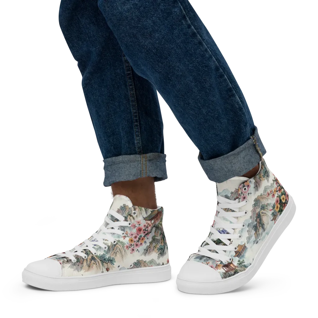 Jade Mountain Blossom on Men's High Top Canvas Shoes — Left