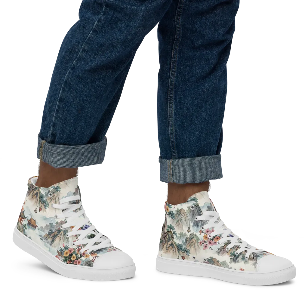 Jade Mountain Blossom on Men's High Top Canvas Shoes — Right
