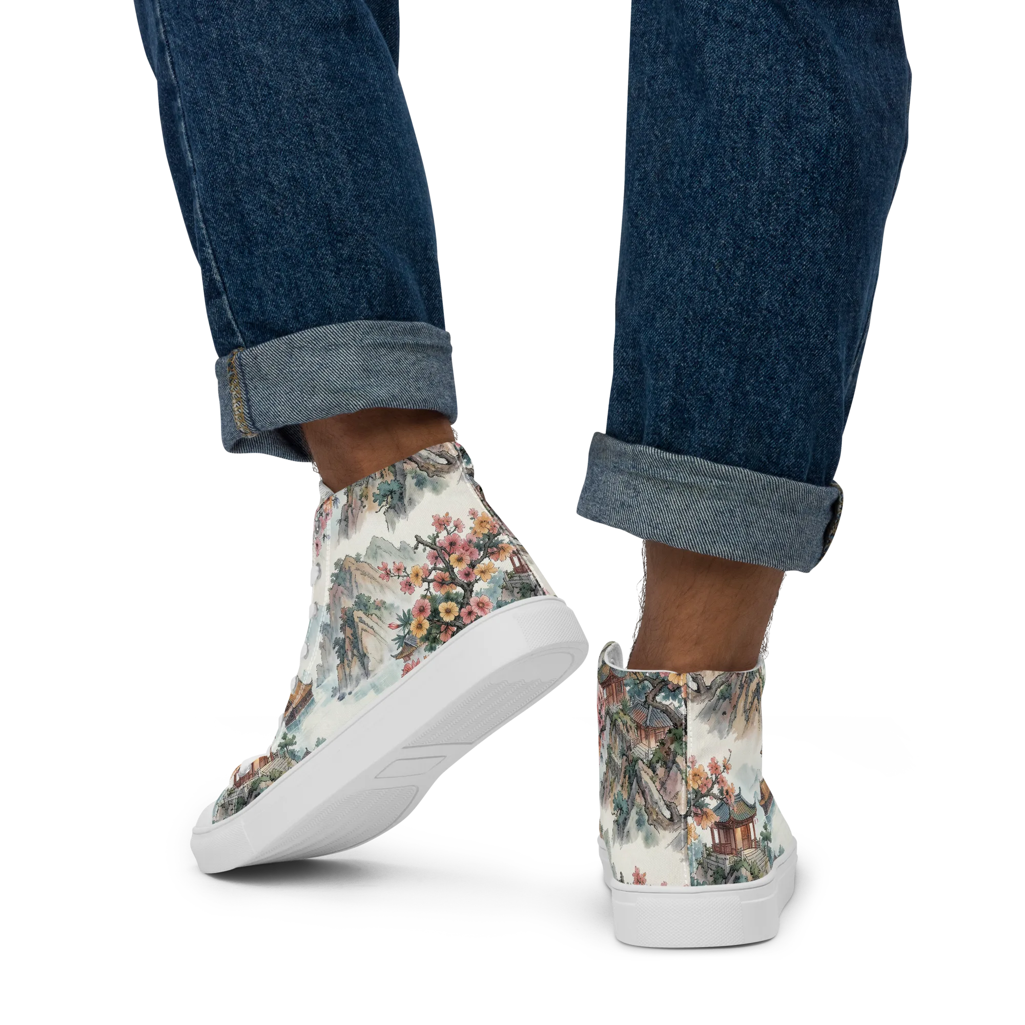 Jade Mountain Blossom on Men's High Top Canvas Shoes — Back