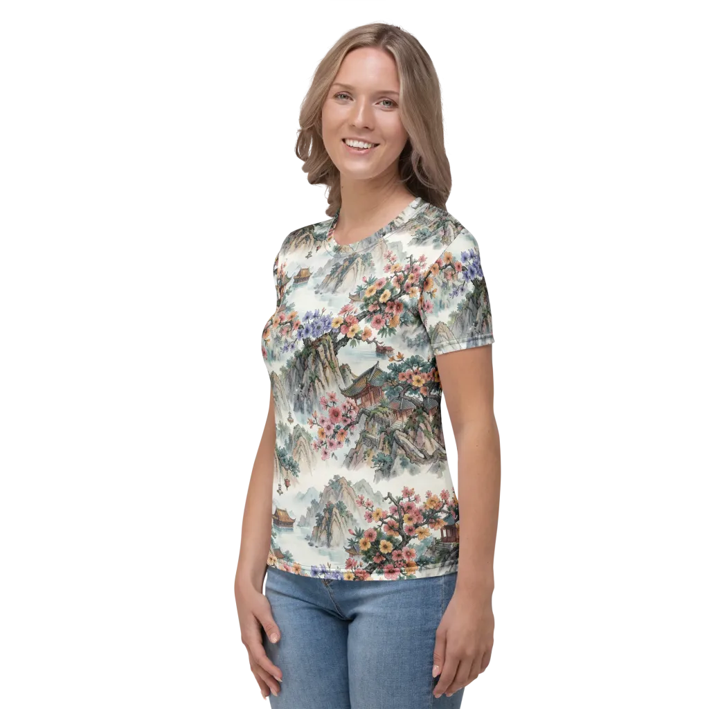 Jade Mountain Blossom on Women's Crew Neck T-Shirt — Left