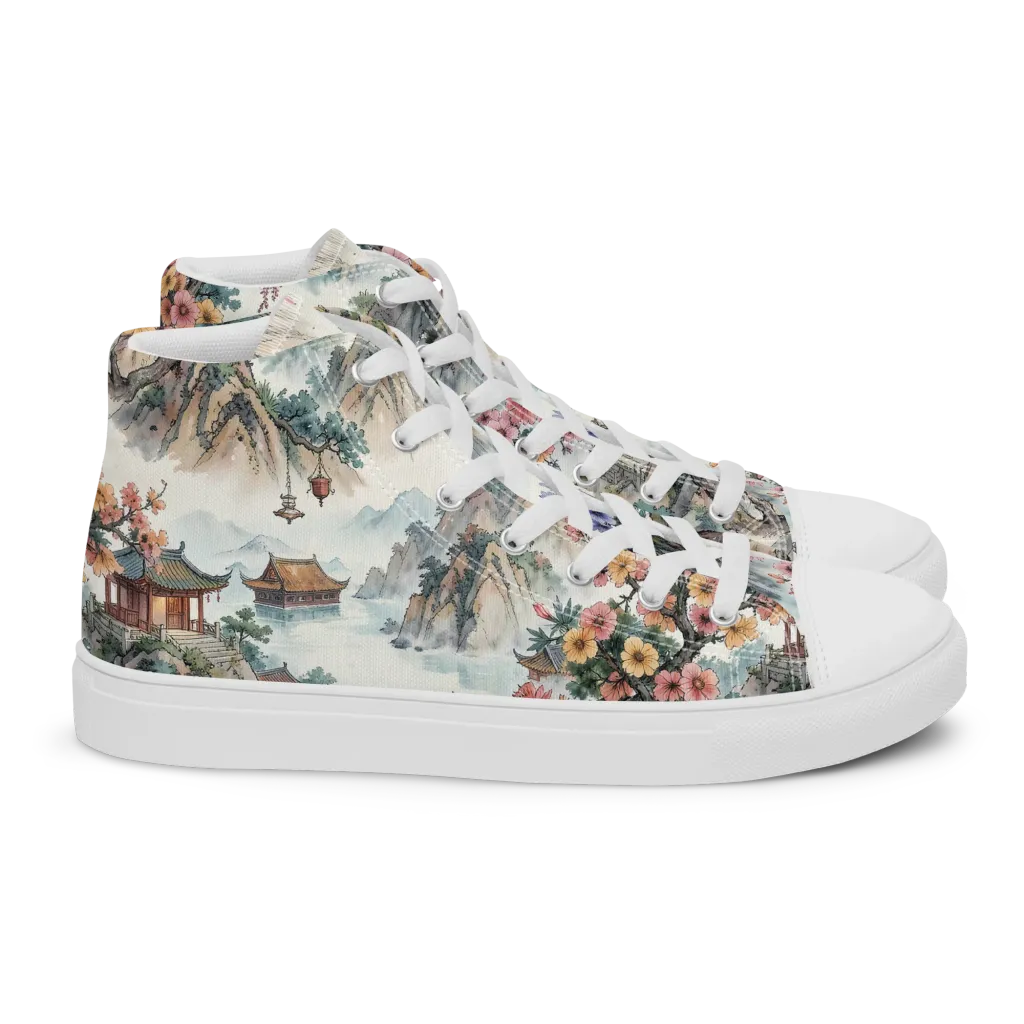 Jade Mountain Blossom on Women's High Top Canvas Shoes — Right