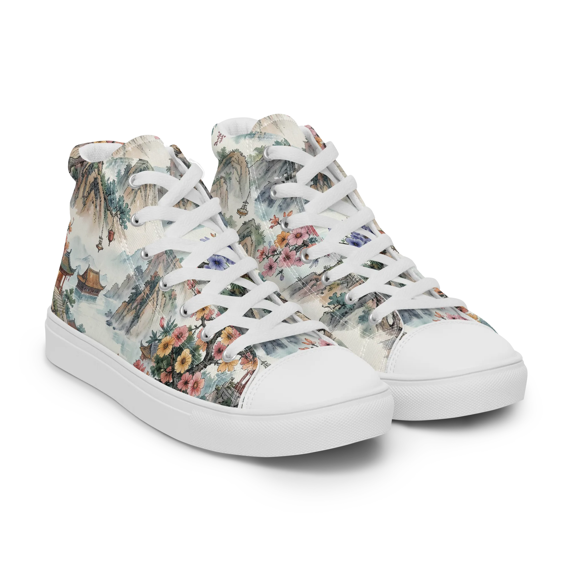 Jade Mountain Blossom on Women's High Top Canvas Shoes — Right Front