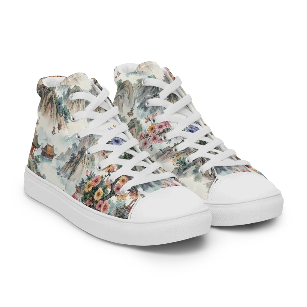 Jade Mountain Blossom on Women's High Top Canvas Shoes — Right Front